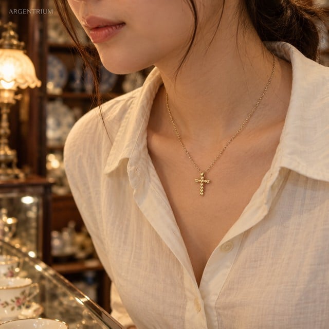 14K 빈티지 십자가 목걸이 2.89g — 땋은 결로 빚은 작은 십자가 상세 2