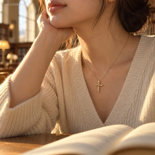 14K 빈티지 십자가 목걸이 2.89g — 땋은 결로 빚은 작은 십자가 상세 1