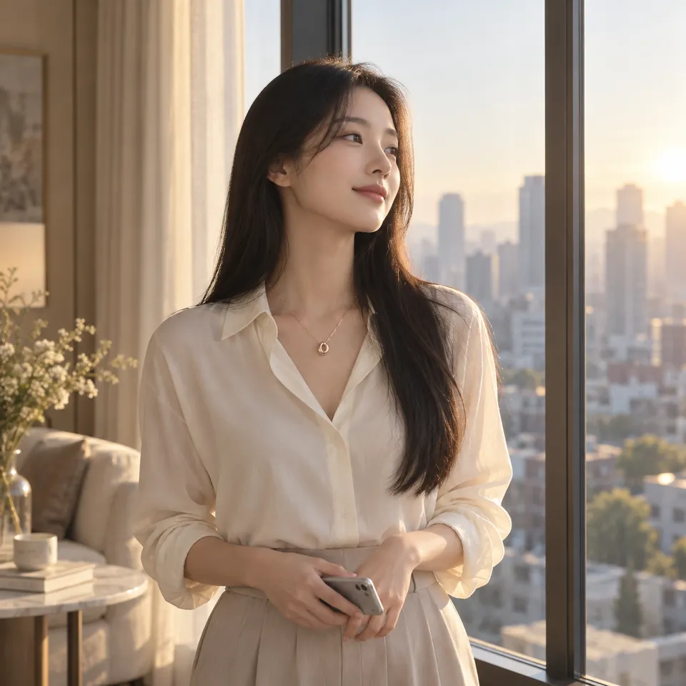 도시의 창가에서 아침을 맞는 긴 머리의 친구
