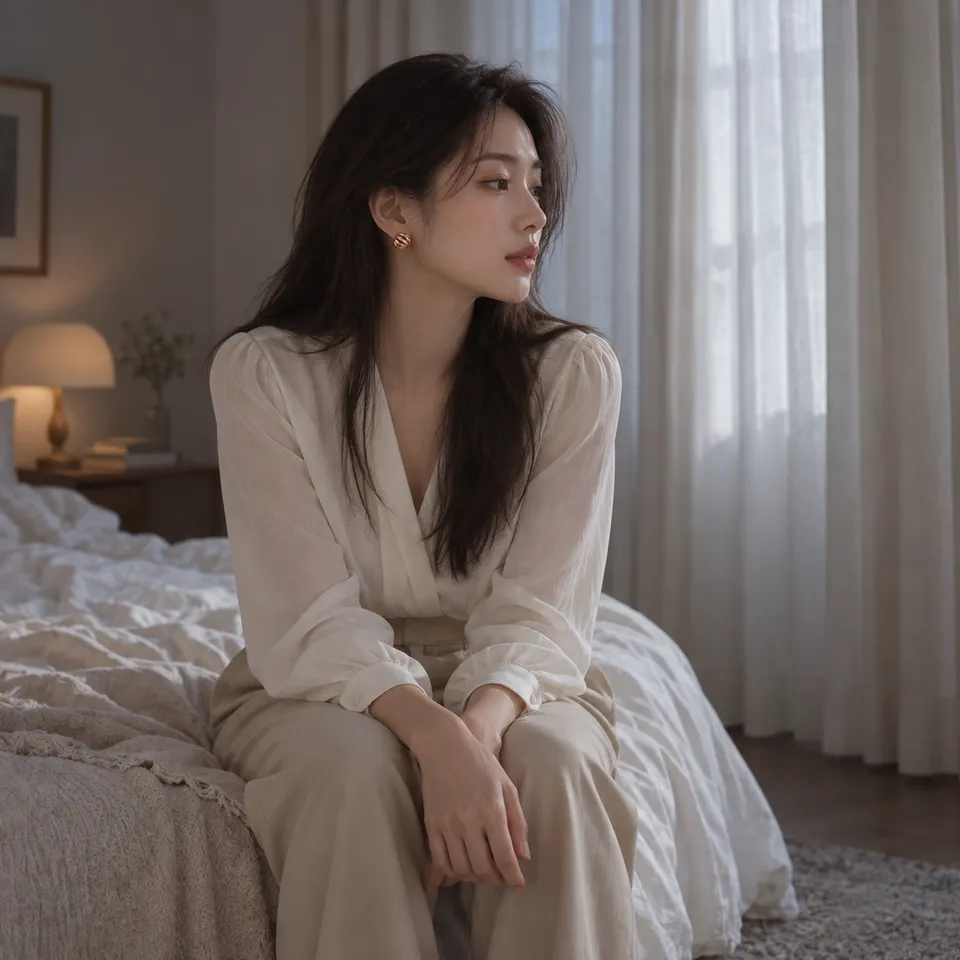 침대 끝에 앉아 닫힌 커튼을 바라본다. 아직 하루를 시작하지 못한 모습.