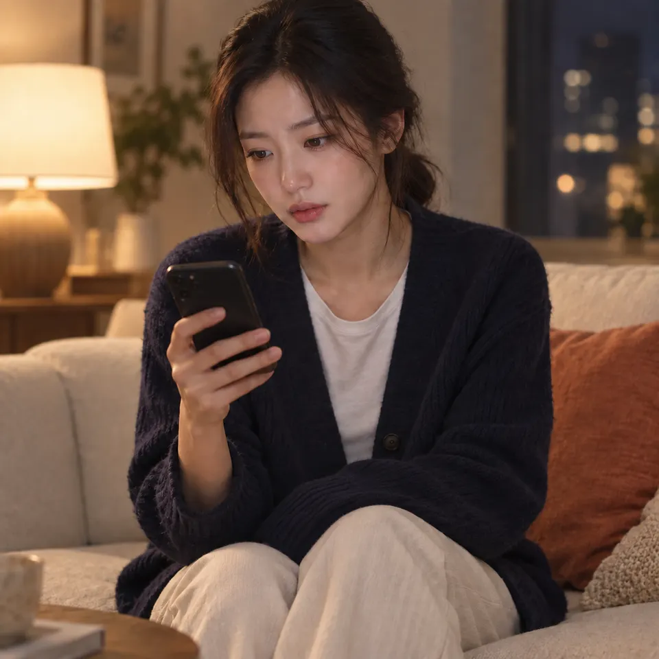 소파에 앉아 오른손의 휴대폰을 내려다본다. 연락을 망설이는 얼굴 중심 미디엄 샷. 왼손은 소매 아래에 둔다.