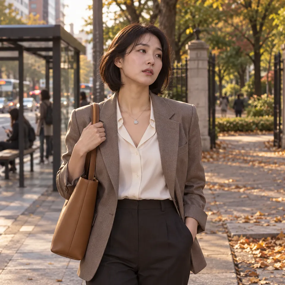 퇴근길 버스 정류장 옆에서 잠시 멈춘다. 오른쪽에는 공원 입구가 보인다. 지친 얼굴과 갈림길을 보여주는 미디엄 와이드.