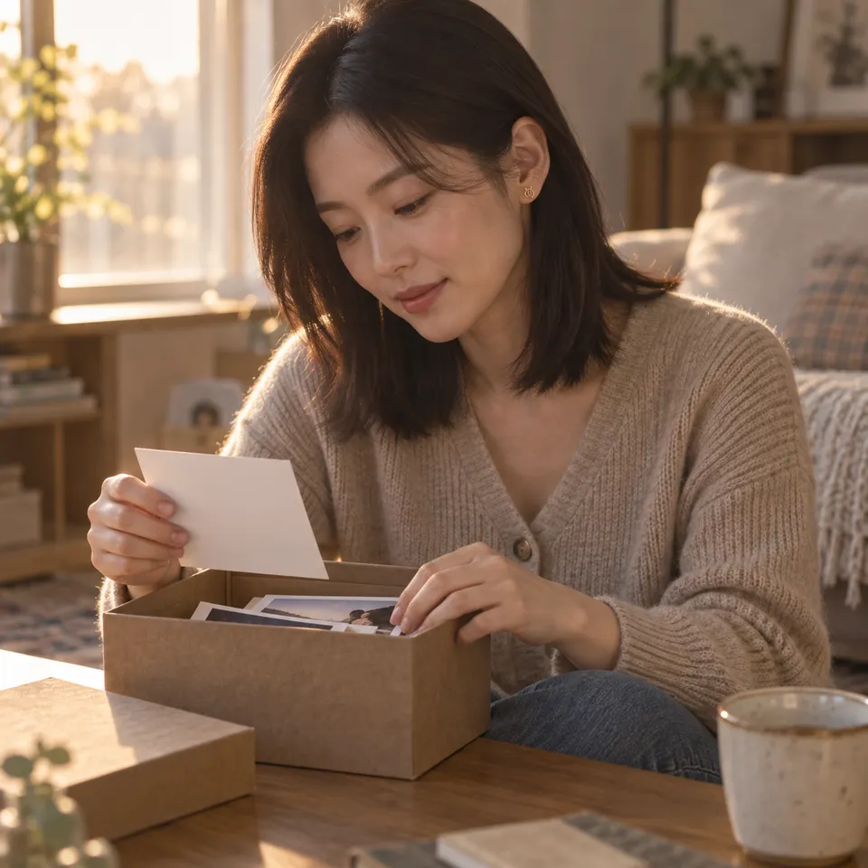 낮은 테이블의 열린 상자에서 바닷가 사진 한 장을 꺼내 바라본다. 인물과 상자를 함께 보여주는 미디엄 샷.