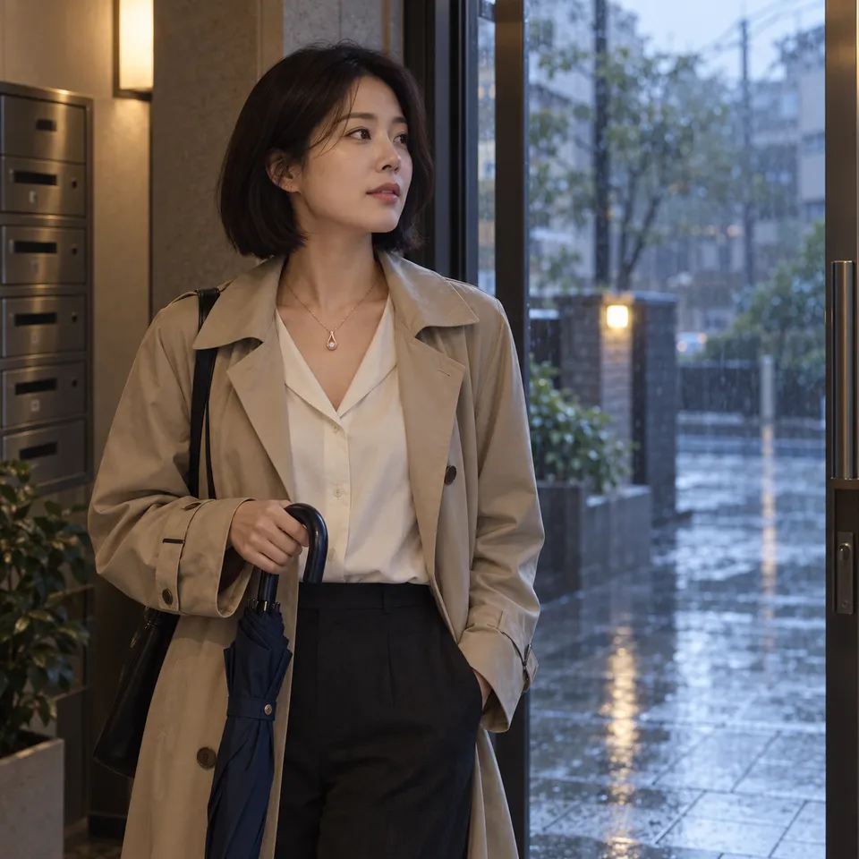 건물 현관에서 비를 바라보며 접힌 우산을 든다. 혼자 있는 인물과 젖은 바깥 풍경을 담는다.