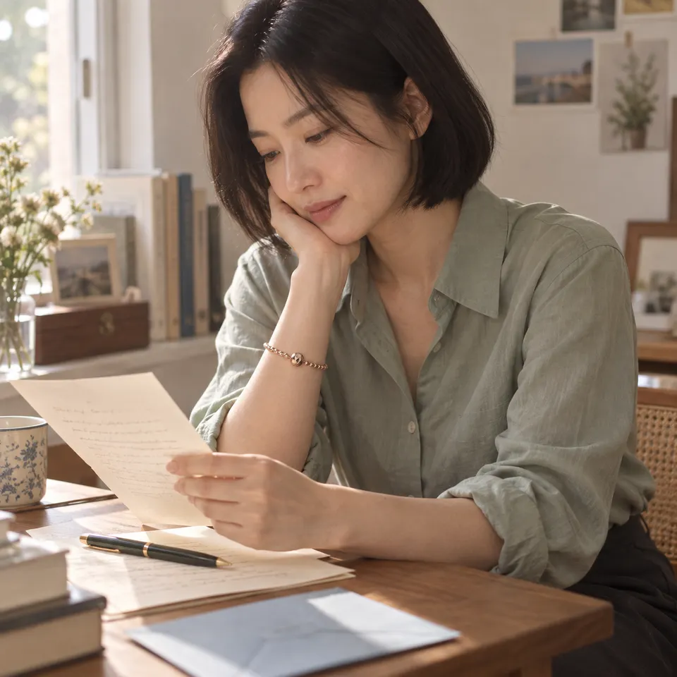 창가 책상에서 쓰다 만 편지를 펼쳐 읽는다. 인물과 책상 전체가 보이는 사선 중경.