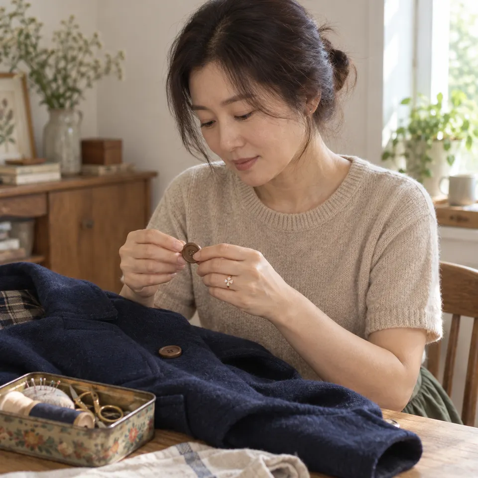 오래된 코트의 느슨한 단추를 살펴본다. 식탁에 펼친 코트와 앉은 인물을 함께 담는다.