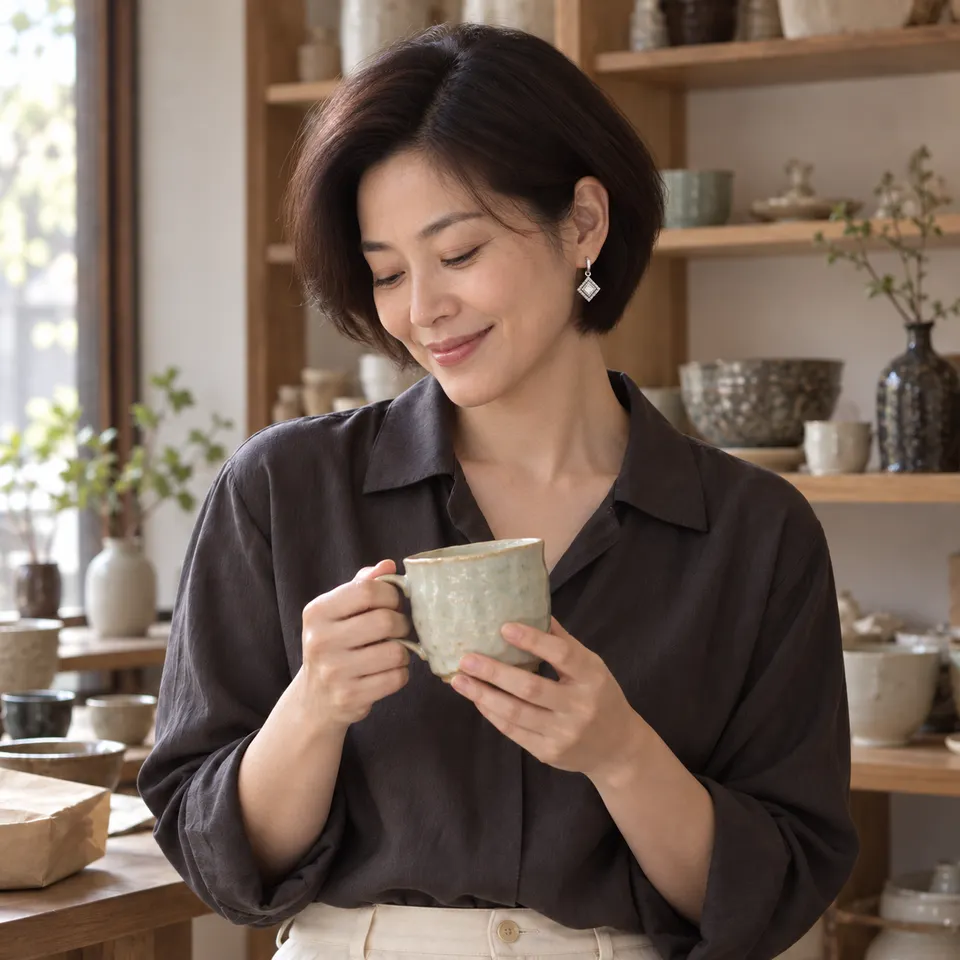 도예 공방에서 연녹색 컵을 두 손에 들고 고개를 내려 컵의 테두리를 살펴본다. 얼굴과 선반을 담는 중경.
