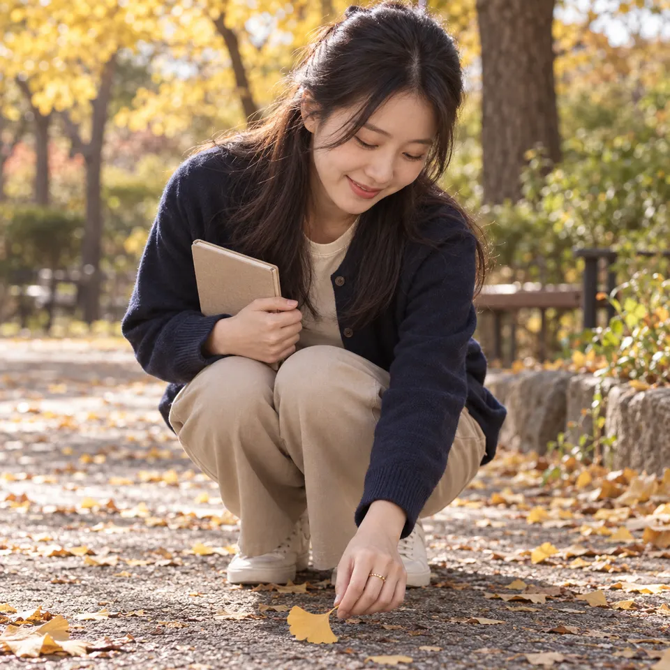 공원의 중간 구도. 길가에 떨어진 은행잎 하나를 발견한다.