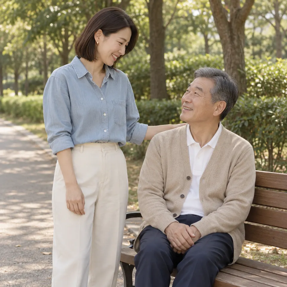 중간 구도. 벤치에 앉아 기다리던 아빠에게 다가간다.