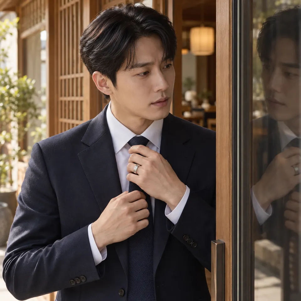 중간 구도. 상견례 식당 유리문 앞, 남자가 비친 모습을 보며 넥타이를 고쳐 맨다.