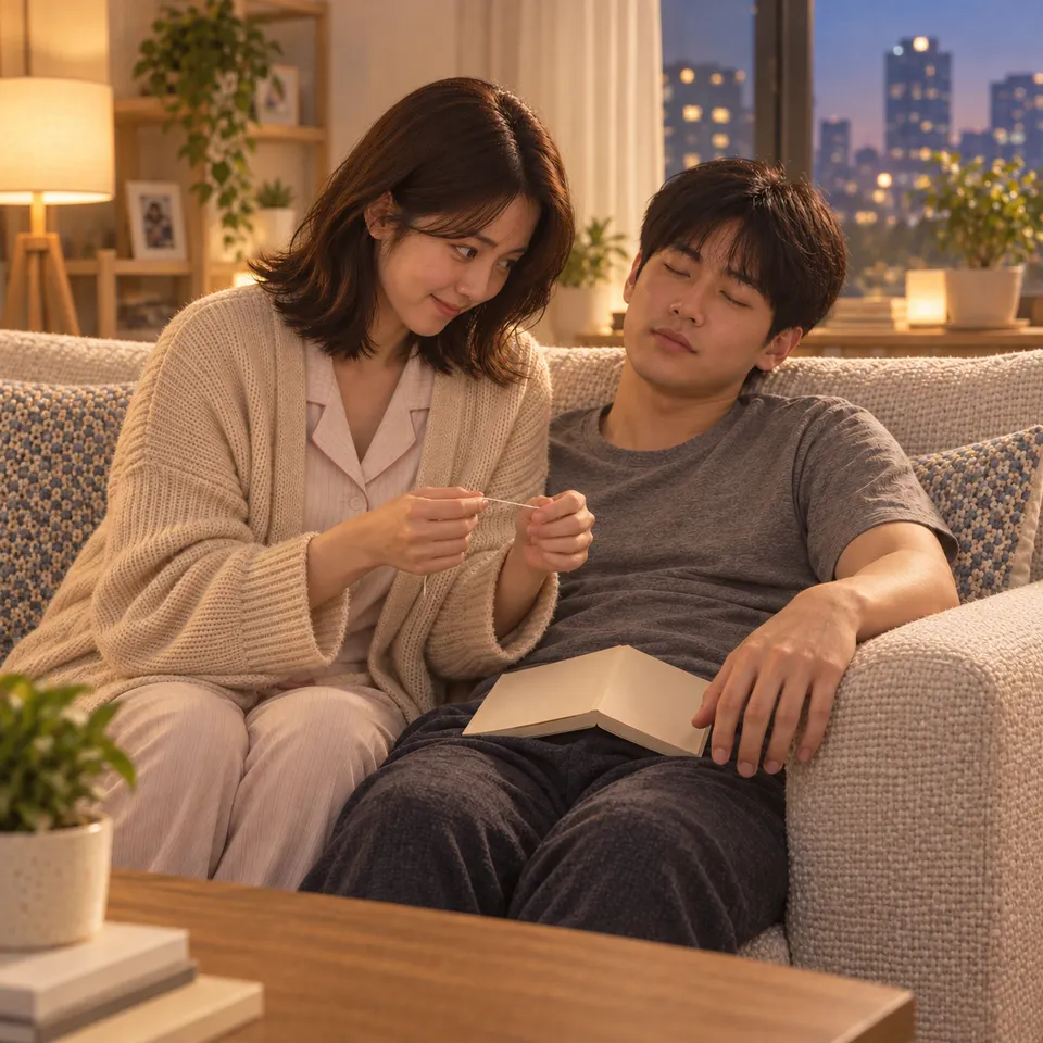 중간 구도, 눈높이. 저녁 거실, 스탠드 불빛. 책을 무릎에 둔 채 소파에서 조는 그 옆에 앉은 그녀가 흰 실을 쥐고 팔걸이 위 그의 왼손을 보며 장난스럽게 망설인다.