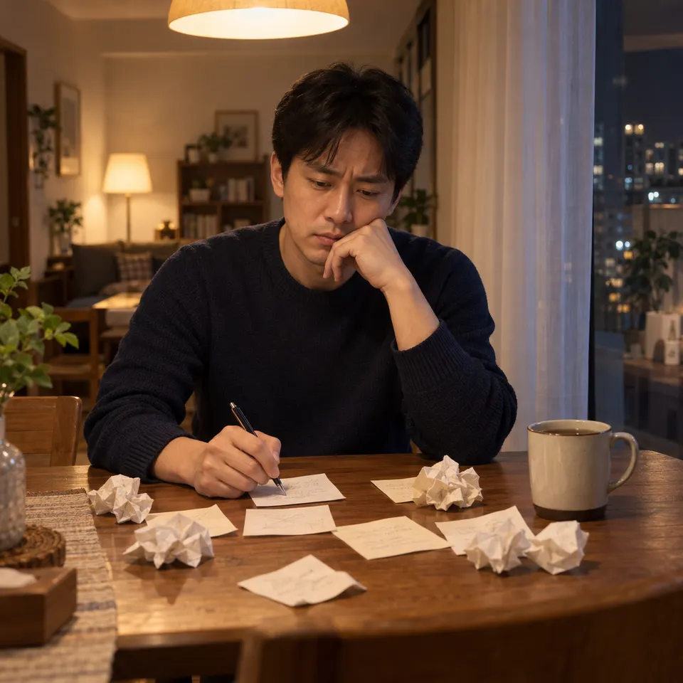중간 구도, 식탁 맞은편 눈높이. 결혼기념일 전날 밤, 남편이 펜을 들고 턱을 괸 채 고민한다. 식탁 위에 구겨진 메모지 여러 장.
