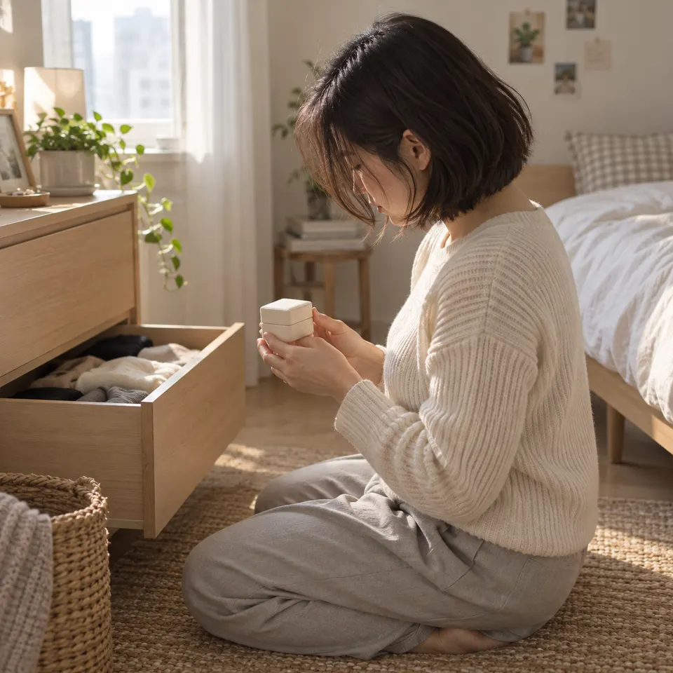 옆뒤에서 본 중간 구도. 출근 전 아침, 서랍장 맨 아래 칸을 정리하다 작은 반지 상자를 찾아 들고 고개를 숙인 채 멈춘다.
