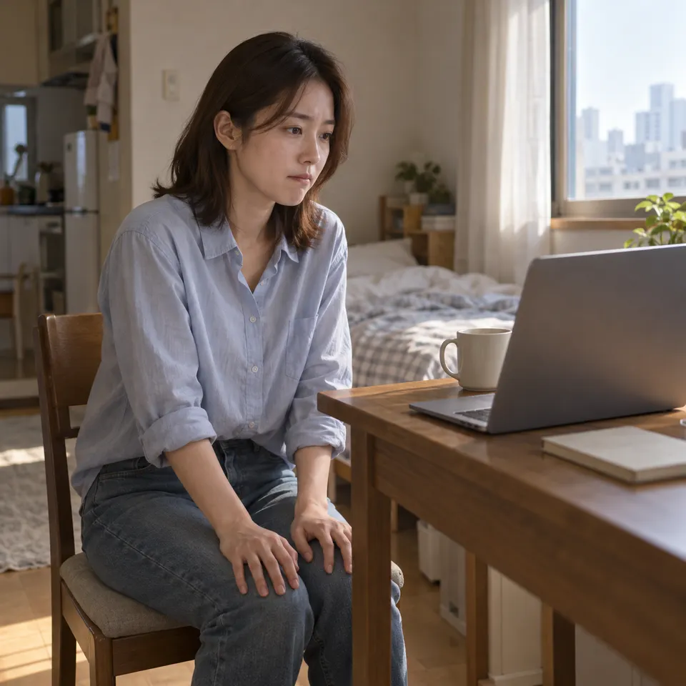 옆에서 본 중간 구도. 출근 전 아침, 원룸 창가 책상. 노트북은 뒷면만 보이고, 그녀의 두 손은 무릎 위에 놓여 있다.