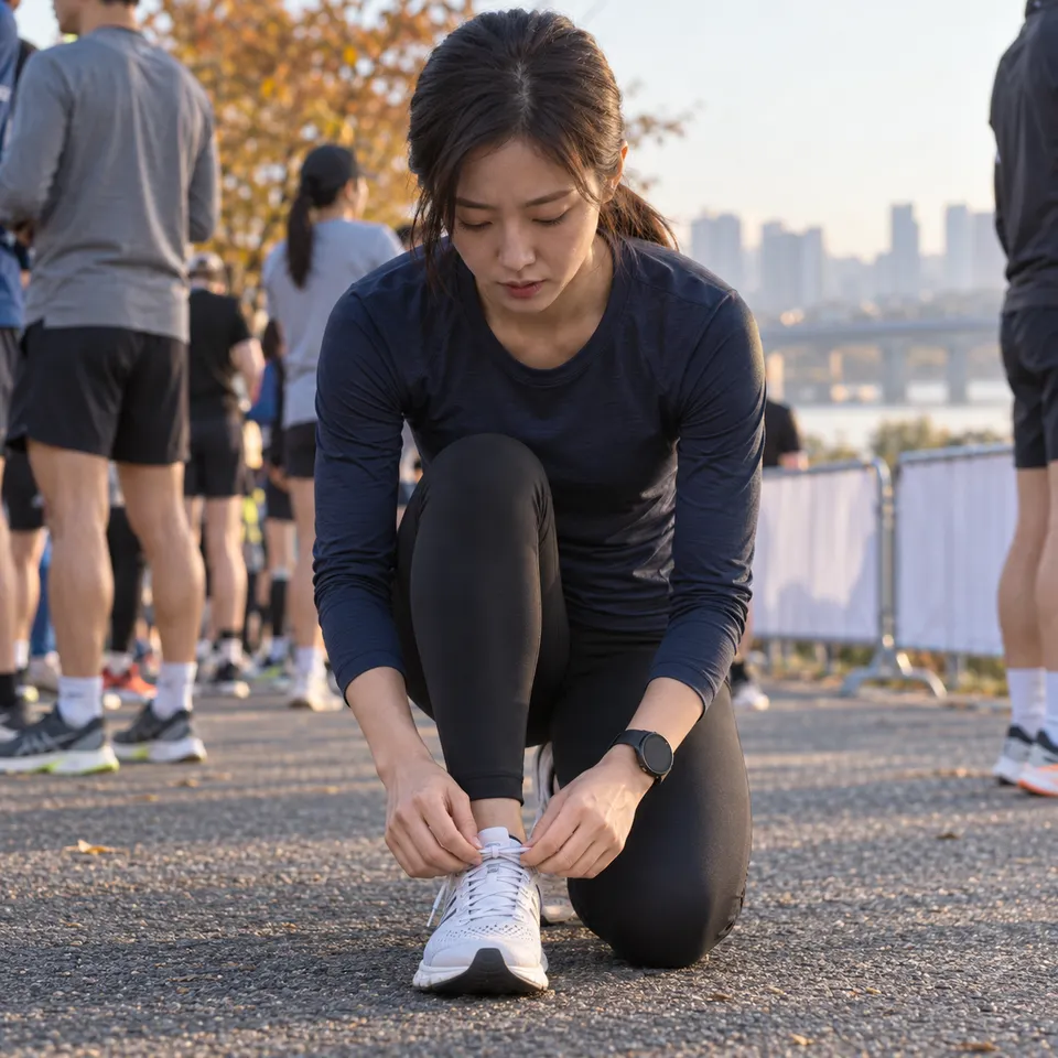 낮은 앵글의 중간 구도. 이른 아침 강변 출발 지점, 다른 주자들 다리 사이에서 한쪽 무릎을 꿇고 운동화 끈을 다시 묶는다.