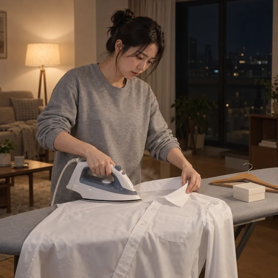 옆에서 본 중간 넓은 구도. 늦은 밤 스탠드 하나 켠 거실, 언니가 동생의 흰 셔츠 칼라를 다린다. 다리미판 끝에 옷걸이와 작은 상자.